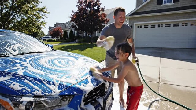 A father and son wash a blue car with soap and sponges. They laugh and play together in a sunny suburban driveway. Ideal for family bonding, household chores, or summer lifestyle content.
