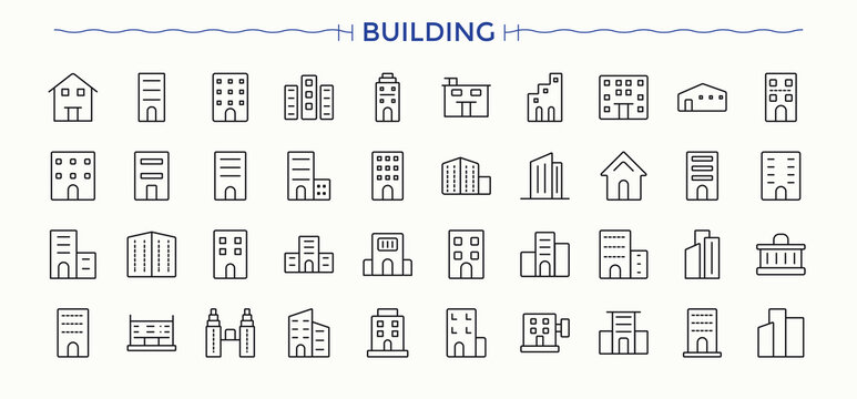 Building icon set. Pack of house, town, home, office, real estate, villa and more. Architecture line icon set. Thin web icons. Editable stroke.