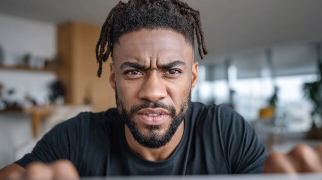 A man with dreadlocks is looking at the camera with a frown on his face. He is wearing a black shirt and he is angry or upset
