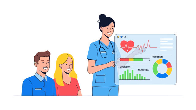 Healthcare Explanation: A compassionate nurse educates a couple about health, demonstrating healthy lifestyle indicators through modern technology.