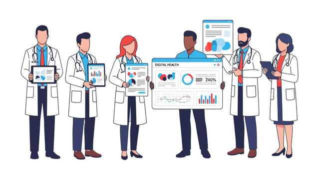 Digital Health: A team of dedicated medical professionals collaborates, presenting data-driven insights through various digital interfaces.