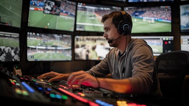 Sports broadcast technician in focus coordinating camera switching for a major game surrounded by outoffocus screens displaying live action.