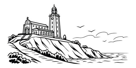 Historical Church on Seaside Cliff Black and White Line Art © MD. YOUSUF ALI