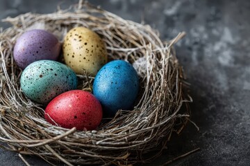 Obraz premium Colorful Easter eggs arranged in a natural nest highlighting festive spirit for spring celebrations