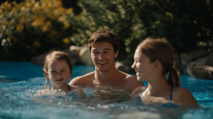 Fototapeta premium An outdoor swimming pool showcases the importance of water temperature in providing a comfortable leisure experience for families during summer. cinematic color correction, natural uneven lighting