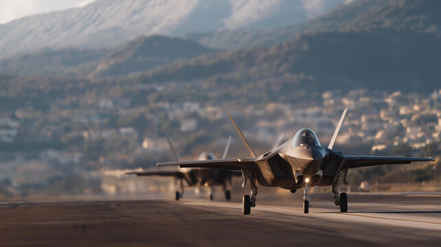 A close-up of fighter jets on a runway illustrates the details of cutting-edge technology used in modern military aircraft, ideal for defense sector publications. cinematic color correction,