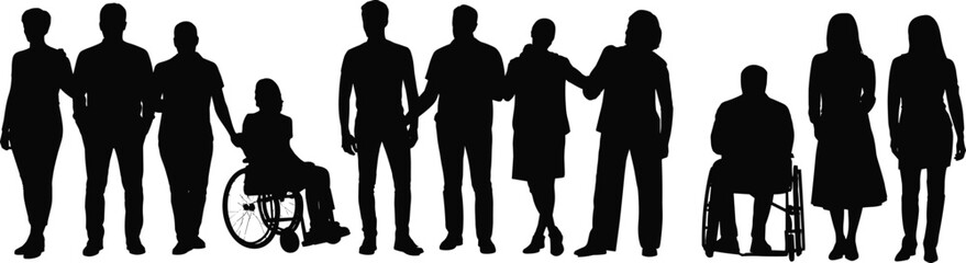Silhouette of diverse group including people in wheelchairs, symbolizing social inclusion, equality, disability awareness, corporate teamwork, professional community, and accessibility.