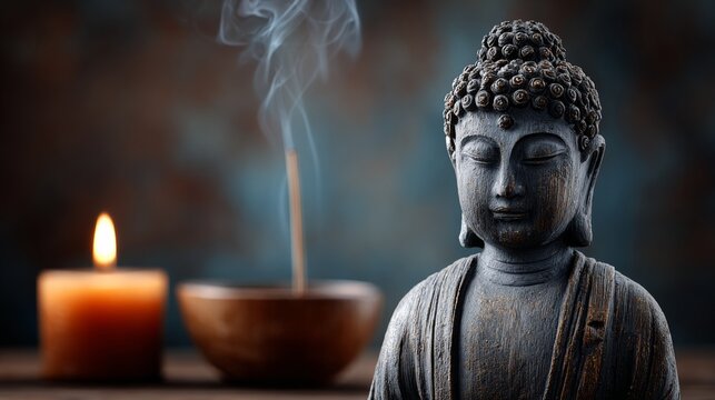 A statue of Buddha sits on a table next to a candle and a bowl. The candle is lit, and the smoke from it fills the room. The atmosphere is calm and peaceful