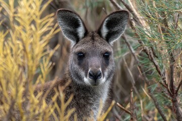 Kangaroo in natural habitat at Deep Creek during the day, showcasing its curious expression among the vibrant Australian vegetation