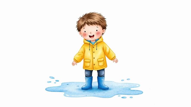 A cheerful young boy embraces the playful essence of a rainy day, splashing enthusiastically in a puddle, embodying the pure joy of childhood. watercolor illustration on white background