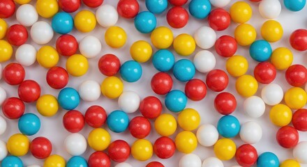 Fototapeta premium A vibrant collection of brightly colored, sugary bubblegum balls scattered randomly on a white background, representing sweet nostalgia ,spherical ,sugar ,childhood