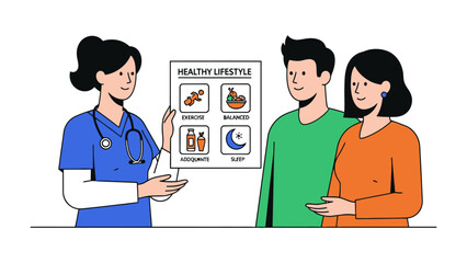 Fototapeta premium Healthy Lifestyle Consultation: A healthcare professional guides a couple through the elements of a healthy lifestyle, illustrating the importance of balanced nutrition, sufficient hydration.