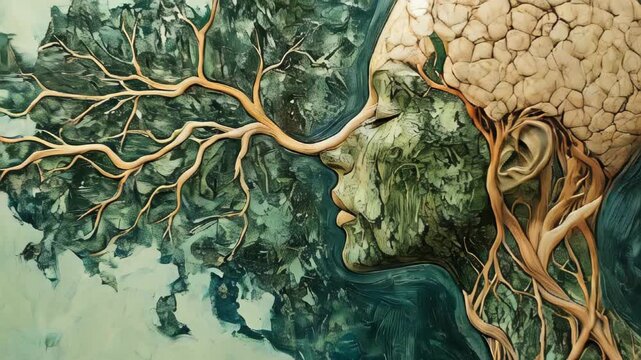 A human figure with exposed veins and nerves merging into tree branches and roots, rendered in vibrant greens and earthy browns, representing the deep bond between humans and nature.