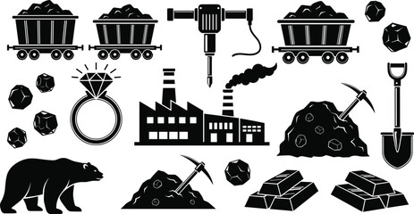 Industrial icon set including mining equipment, heavy robots, submarines, factory buildings, excavators, dump trucks, oil rigs, gold bars, and futuristic machinery vector silhouettes. © Creative Mind