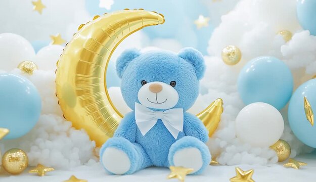 Cute blue teddy bear with white bow sitting in front of glowing yellow crescent moon, baby shower decoration setup, balloon arch with pastel blue 
white and gold balloons, fluffy white clouds, golden