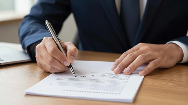 Businessman signing legal contract agreement document on wooden desk in office for business deal approval success