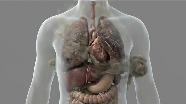 3D medical illustration of human torso showing lungs and internal organs filled with smoke, highlighting smoking damage, respiratory disease, and health risk.