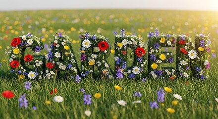 The Word Garden Formed by Flowers and Greenery in a Sunny Meadow.
