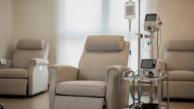 Recliner chair and infusion setup in a rheumatology clinics quiet treatment space main equipment in clear focus with faintly blurred walls and adjacent chairs.