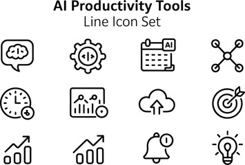 Fototapeta premium AI Productivity Tools Line Icon Set with Brain Gear Calendar and Clock Icons artificial intelligence