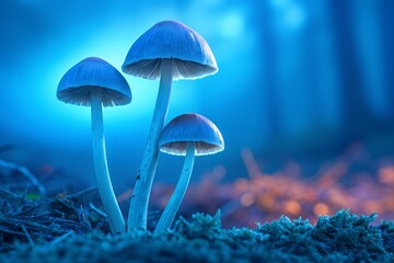 Fototapeta premium Glowing blue mushrooms in mystical forest with soft focus background
