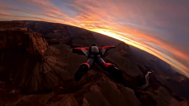 Soaring through the sky, a wingsuit flyer navigates a stunning aerial panorama, against a vibrant sunset sky. The ultimate experience of freedom.