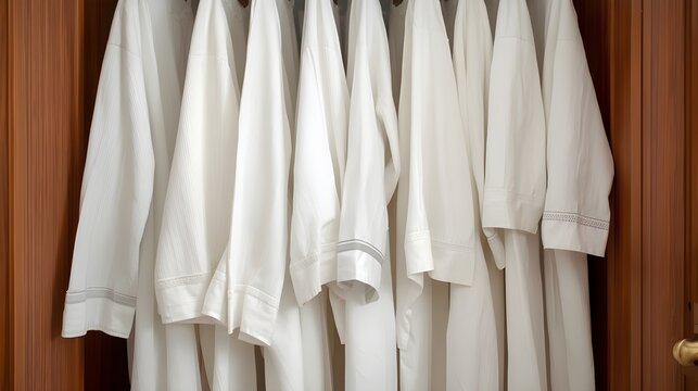 Full Row of White Muslim Eid Clothes Hanging in a Wooden Wardrobe