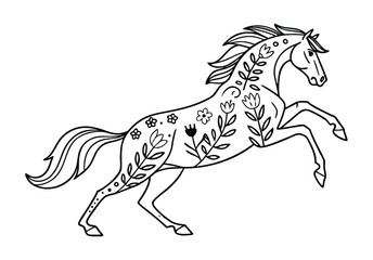 Fototapeta premium Rearing Horse Line Art with Floral Folk Pattern Decoration