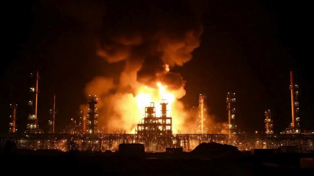 A dramatic night scene of a factory ablaze, with towering flames and plumes of smoke against the dark sky. This image captures the intensity of an industrial disaster.