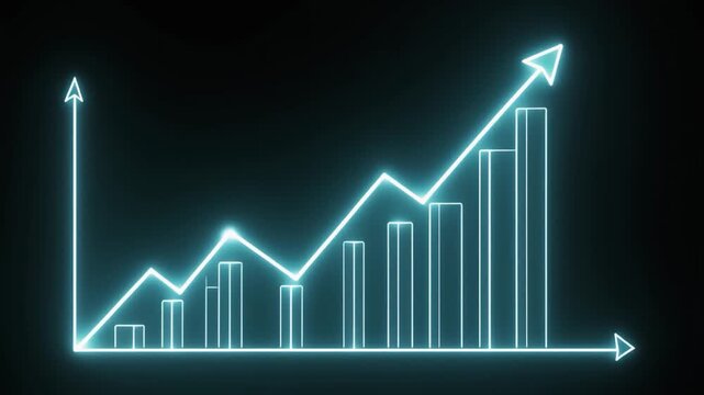 Neon blue line graph and bar chart showing upward trend on dark background business