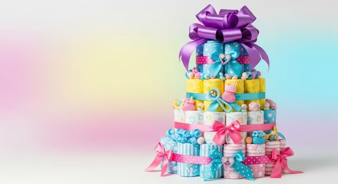 Festive stack of packaged diapers arranged as a whimsical centerpiece, adorned with bows, ribbons, and small decorations for a celebratory occasion, celebration, wrapper, infant