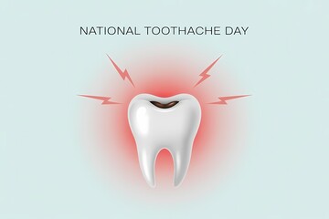 National Toothache Day Awareness Illustration Showing Painful Tooth with Red Lightning Pain Effect