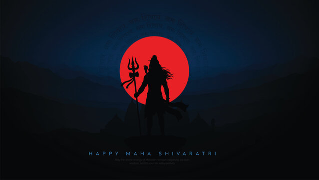 Lord Shiva silhouette with trishul and temple for Maha Shivaratri festival background