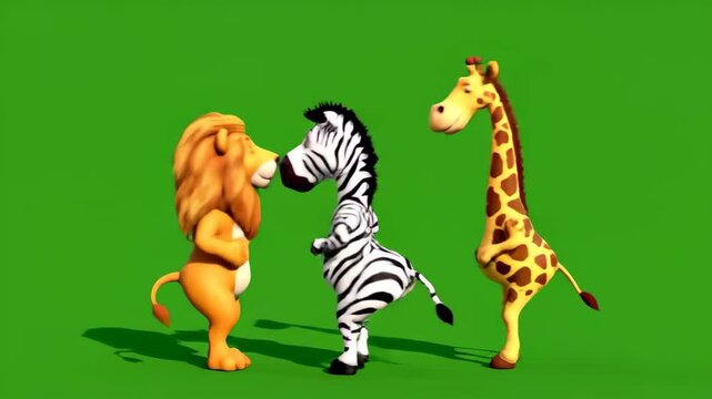 Cartoon animals lion zebra giraffe friends on green screen animated wildlife render