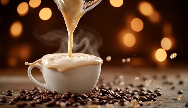 Milk or cream pouring into coffee cup creating splash and ripples, latte or cappuccino in ceramic mug, dynamic pour shot with liquid motion, coffee beans scattered on table, warm bokeh lights in bac