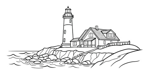 Coastal Lighthouse and Keeper's House Line Art Drawing on Rocks