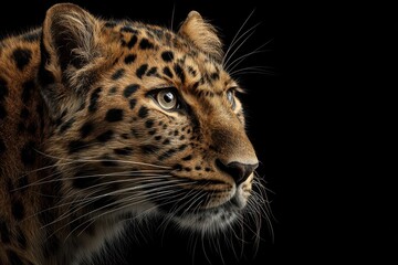 Obraz premium Majestic amur leopard portrait with striking features against a dark background showcasing its natural beauty and grace