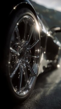 Close up view of a shiny chrome rim on a luxury sports car driving fast on a wet asphalt road, with sunlight reflecting off the polished alloy wheel and the dark, sleek vehicle body