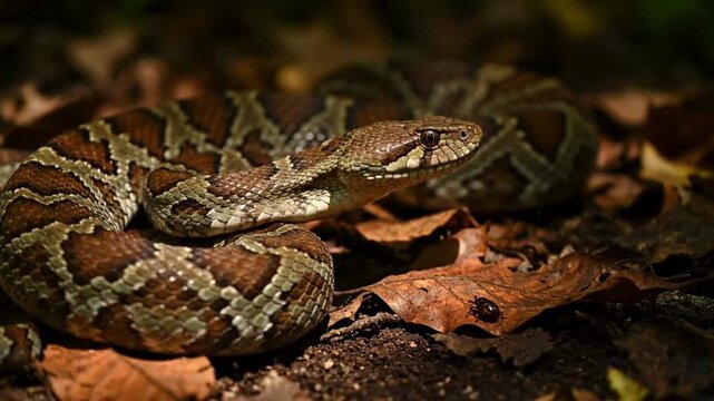 A close-up of a well-camouflaged snake, its intricate patterns blending seamlessly with the forest floor. The scene evokes a sense of both wonder and caution.