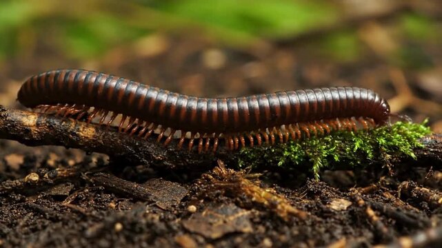A close-up photograph of a millipede, revealing the intricate details of their segmented body in their natural habitat.