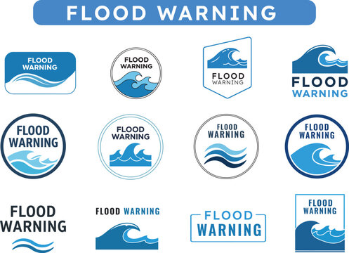 collection of flood warning logos and blue wave icons for emergency alert signs