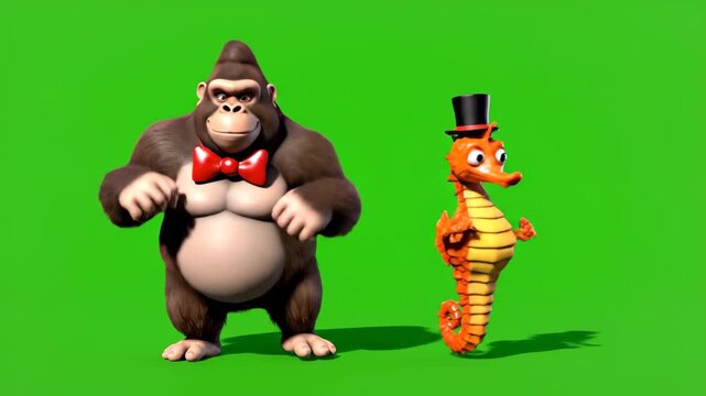 Cartoon gorilla with red bowtie and sea horse with top hat dancing on green screen