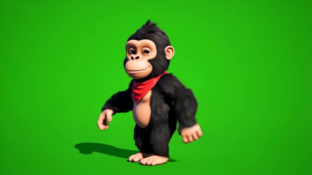 Cartoon monkey animated character walks on green screen background for compositing and motion graphics projects