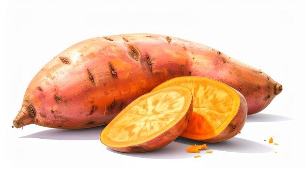 Whole raw sweet potato with round slices showing orange pulp isolated on white background