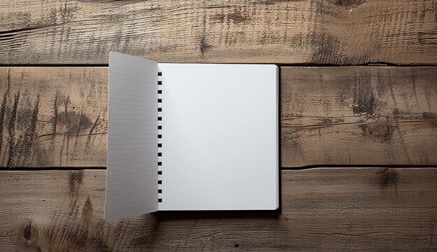 Blank white spiral notebook with black wire binding on rustic wooden table, open notebook with empty pages, one corner page curled up, top-down view, natural wood plank background