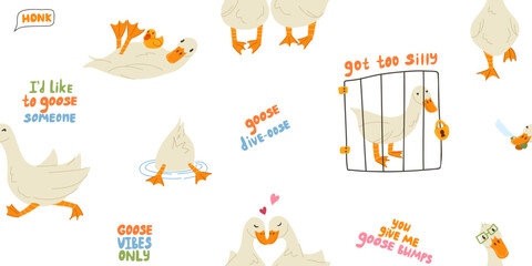 Silly goose seamless pattern. Funny geese and hand written text on white. Whimsical vector hand drawn cartoon illustration for design, fabric, packaging, wallpaper, stationery, wrapping paper © Ekaterina Sumanosova
