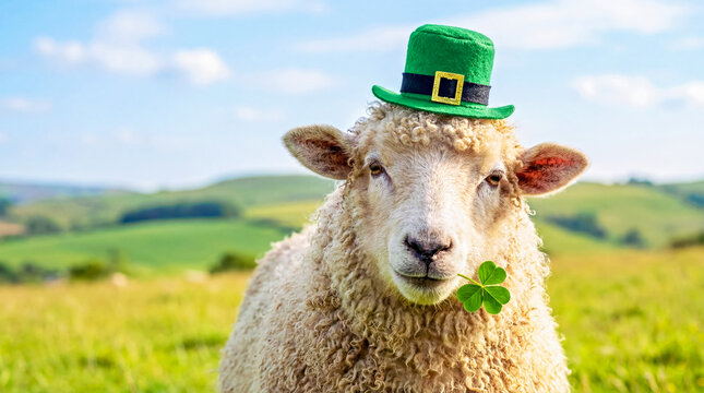 Sheep Wears Leprechaun Hat and Holds Shamrock, Green  Field and Blue Sky Background 