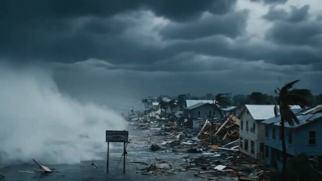 Destructive ocean storm surges across a coastal community, showcasing the raw power of nature amidst storm clouds, and the impact on the town's buildings.