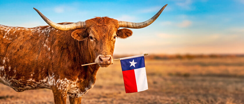 Longhorn Holding Texas Flag in Mouth,  Desert Landscape in Background
