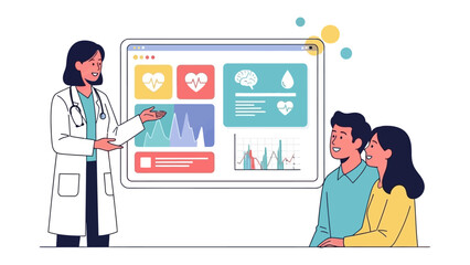 Healthcare Consultation: A doctor explains vital health information to a couple, highlighting the importance of well-being and proactive health management. 
